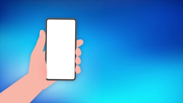 Hand holds phone with mock up screen. Phone on white background. Motion graphics. — Stock Video