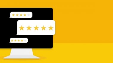 Dizüstü bilgisayar ekranında altın yıldız ikonu olan müşteri değerlendirmesi. Hareket grafikleri.