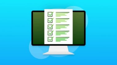 Çevrimiçi yeşil arkaplan üzerinde inceleme yapan bilgisayar. Hareket grafikleri.