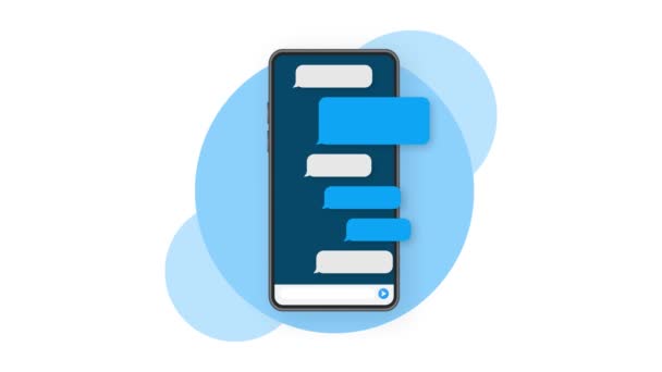 Рука держит телефон с чатом сообщение на синем фоне. Графика движения. — стоковое видео