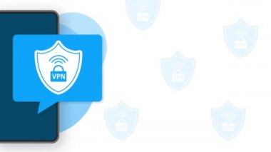 Beyaz arkaplandaki VPN düz mavi güvenlik etiketi. Hareket grafikleri.