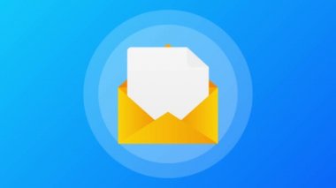 Mavi arkaplanda reddedilmiş mektuplar olan bir zarf. Konuşma baloncuğu. Hareket grafikleri.