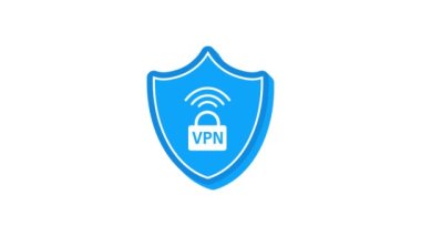 Beyaz arkaplandaki VPN düz mavi güvenlik etiketi. Hareket grafikleri.
