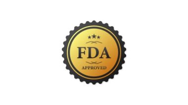 FDA approved gold rubber stamp on white background. Realistic object. Motion graphics.