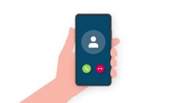Three hands hold phones with call Incoming video call on screen on white background. Motion graphics.