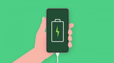 Discharged charged battery smartphone - infographic. Isolated on green background. Motion graphics.