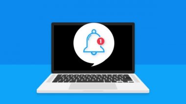 Flat template with bell alert and laptop on blue background for mobile app design. Application interface. Comment sign symbol. Motion graphics.