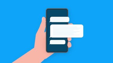 Mavi arka planda sohbet mesajı olan el ele tutuşmalar. Hareket grafikleri.