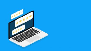 Dizüstü bilgisayar ekranında altın yıldız ikonu olan müşteri değerlendirmesi. Hareket grafikleri.