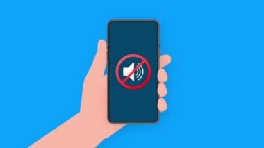 Hand holds phone with no sound sign on screen on darck background. Motion graphics.