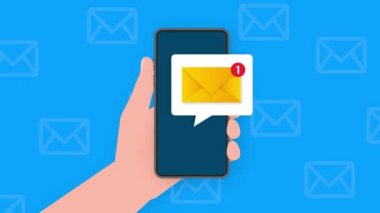 Dizüstü bilgisayardaki yeni mesaj simgesi. Akıllı telefon, cep telefonu, laptop. Düz stilde yeni bir nesne. Hareket grafikleri.