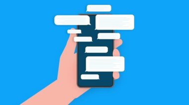 Mavi arka planda sohbet mesajı olan el ele tutuşmalar. Hareket grafikleri.