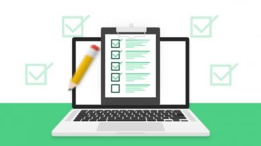 Beyaz arkaplanda Kontrol Listesi tableti. Tamam imzala. Hareket grafikleri.