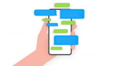 Mavi arka planda sohbet mesajı olan el ele tutuşmalar. Hareket grafikleri.