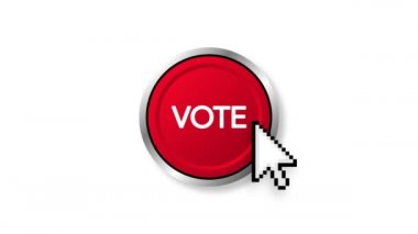 Vote 3D realistic red button on black background. Motion graphics.