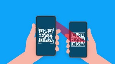 Hand holds phone with scan qr code to pay on screen. Phone on blue background. Motion graphics.