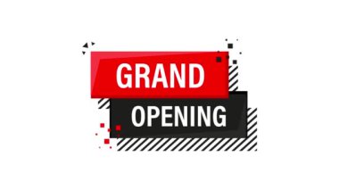 Grand opening red banner in 3D style on white background. Motion graphics.