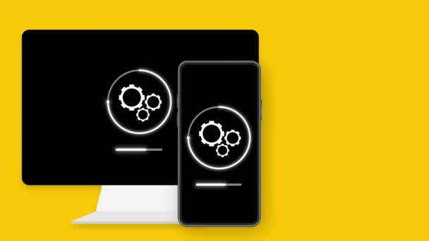 Обновление данных или синхронизация с процессом бар. Обновление на ноутбуке и смартфоне. Графика движения. — стоковое видео