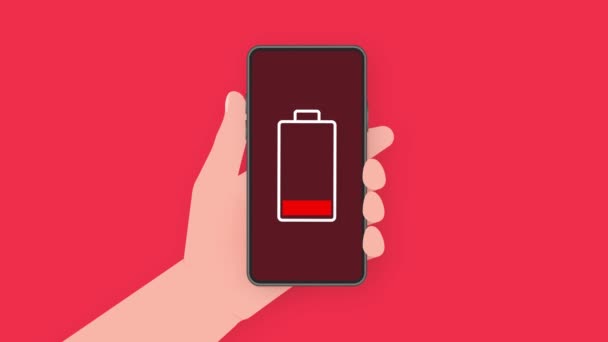 Discharged charged battery smartphone. Isolated on red background. Motion graphics. — Stock Video