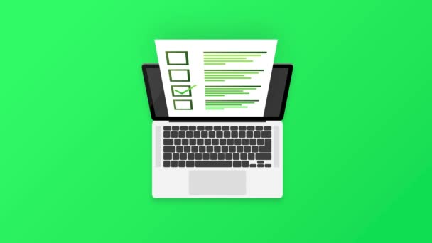 Ноутбук с онлайн экзамен на зеленом фоне. Графика движения. — стоковое видео