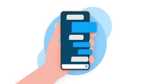 Mano tiene il telefono con messaggio di chat su sfondo blu. Grafica del movimento. — Video Stock