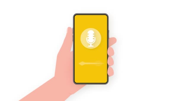 La mano sostiene el teléfono con podcast de grabación en pantalla sobre fondo amarillo. Gráficos en movimiento. — Vídeos de Stock