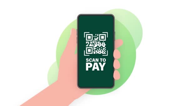 Hand holds phone with scan qr code to pay on screen. Phone on green background. Motion graphics. — Stock Video