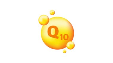 Vitamin kompleksi Q10, gri arka planda gerçekçi bir düşüş. Vitamin parçacıkları ortada. Hareket grafikleri.