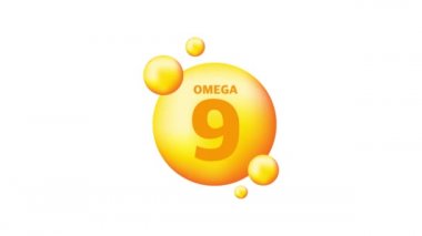 Gri arka planda gerçekçi bir düşüş gösteren Omega 9 vitamini. Vitamin parçacıkları ortada. Hareket grafikleri.