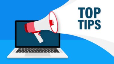 Red megaphone with top tops concept on blue background. Motion graphics.