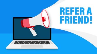 Megaphone with blue Refer a friend. Laptop with megaphone isolated on blue background. Motion graphics.