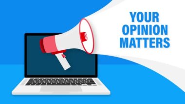 Red megaphone with Your opinion matters concept on blue background. Motion graphics.