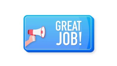 Great Job megaphone blue banner in 3D style on white background. Hand holds loudspeacker. Motion graphics.