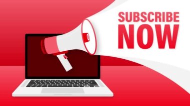 Red megaphone subscribe banner on white background. Motion graphics.