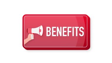 Benefits megaphone red banner in 3D style on white background. Hand holds loudspeacker. Motion graphics.