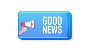 Good News megaphone blue banner in 3D style on white background. Hand holds loudspeacker. Motion graphics.