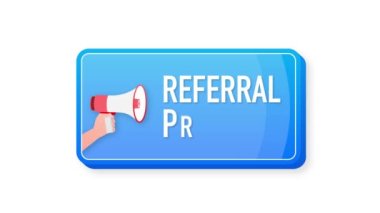 Referral Program megaphone blue banner in 3D style on white background. Hand holds loudspeacker. Motion graphics.