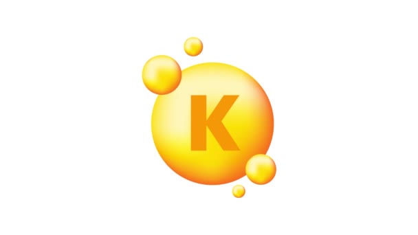 Vitamin K mit realistischem Tropfen auf grauem Hintergrund. Partikel von Vitaminen in der Mitte. Bewegungsgrafik. — Stockvideo