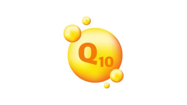 Vitaminkomplex Q10 med realistisk droppe på grå bakgrund. Vitaminpartiklar i mitten. Rörlig grafik. — Stockvideo