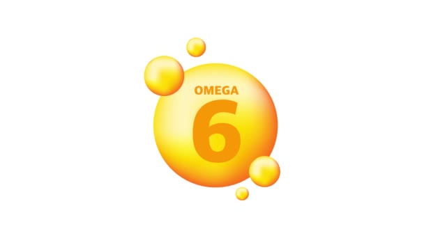 Vitamin omega 6 dengan penurunan realistis pada latar belakang abu-abu. Partikel vitamin di tengah-tengah. Grafis gerak. — Stok Video