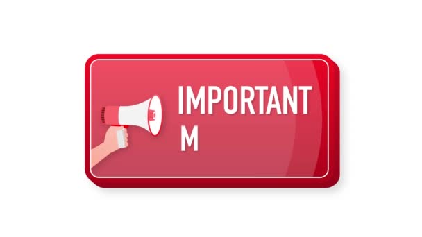 Important Message megaphone red banner in 3D style on white background. Hand holds loudspeacker. Motion graphics. — Stok video