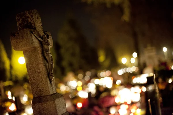 Candle flames illuminating  cemetery during All Saint's Day — Stock Photo, Image