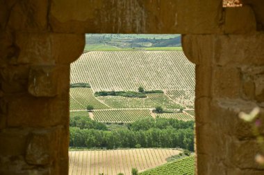View of vineyards and the Ebro river from the unfocused entrance door of the ruins of the Castillo de Davalillo, a 12th century construction. clipart