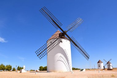 Mota del Cuervo 'nun yel değirmenleri. Güneşli bir yaz günü. Don Kişot Yolu.