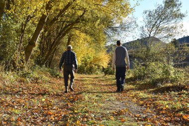 Baba ve oğul gün batımında kır yolunda yürüyor ağaçların yanında, sonbahar manzarası.