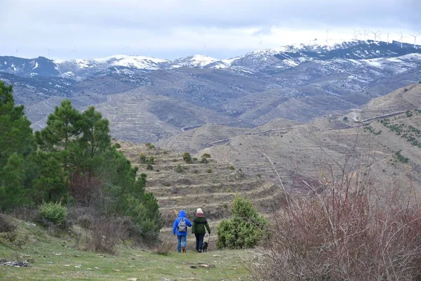 Des Randonneurs Hommes Femmes Descendent Sur Montagne Vue Sur Les — Photo