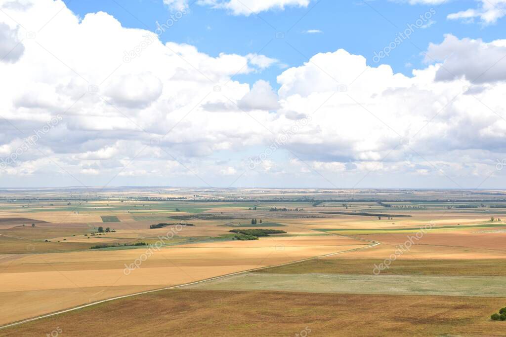 Viewpoint of Tierra de Campos in the town Autilla del pino. Immense plain of cereal fields in Castilla y Leon, granary of Spain.