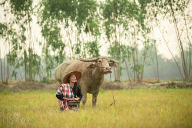 Asya genç bayan buffalo otur ve radyo el tutun.