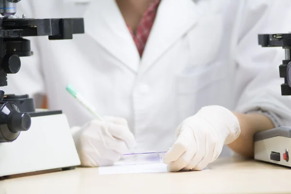 bilim adamı slayt sol elinde tutun ve pi üzerinde bir şey yazmak