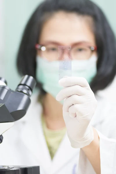 Cabelo curto jovem cientista analisando e mostrar microscópio — Fotografia de Stock